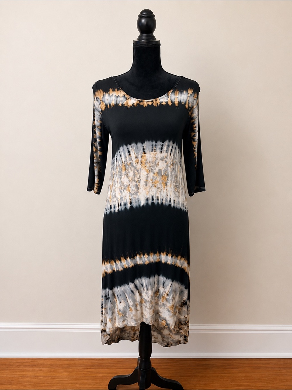 Black Tie-Dye Midi Dress with Brown and Gray Accents